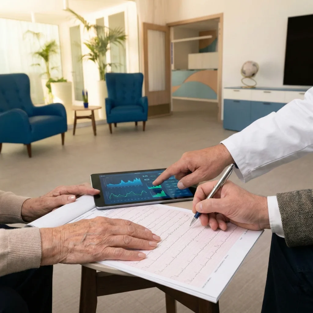 Dettaglio ravvicinato di mani di medici e ospite anziano che collaborano su cartelle cliniche a Villa Serena Toro, a simboleggiare la continuità di assistenza tra la struttura e il medico di famiglia esterno.