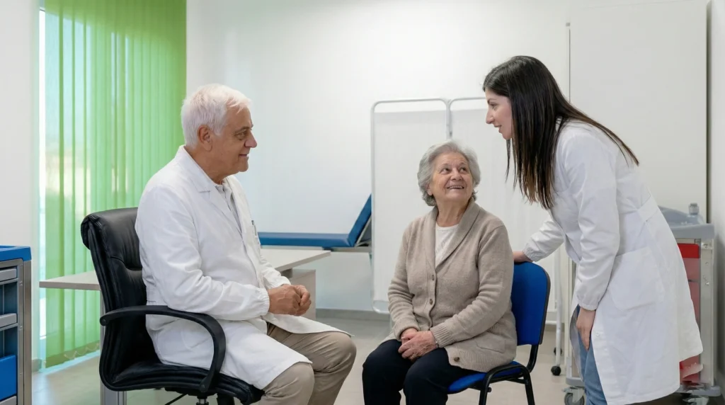 Staff sanitario di Villa Serena: il consulente geriatra Dott. Dentizzi e il medico di struttura Dott.ssa Totaro in un momento di consulto medico.