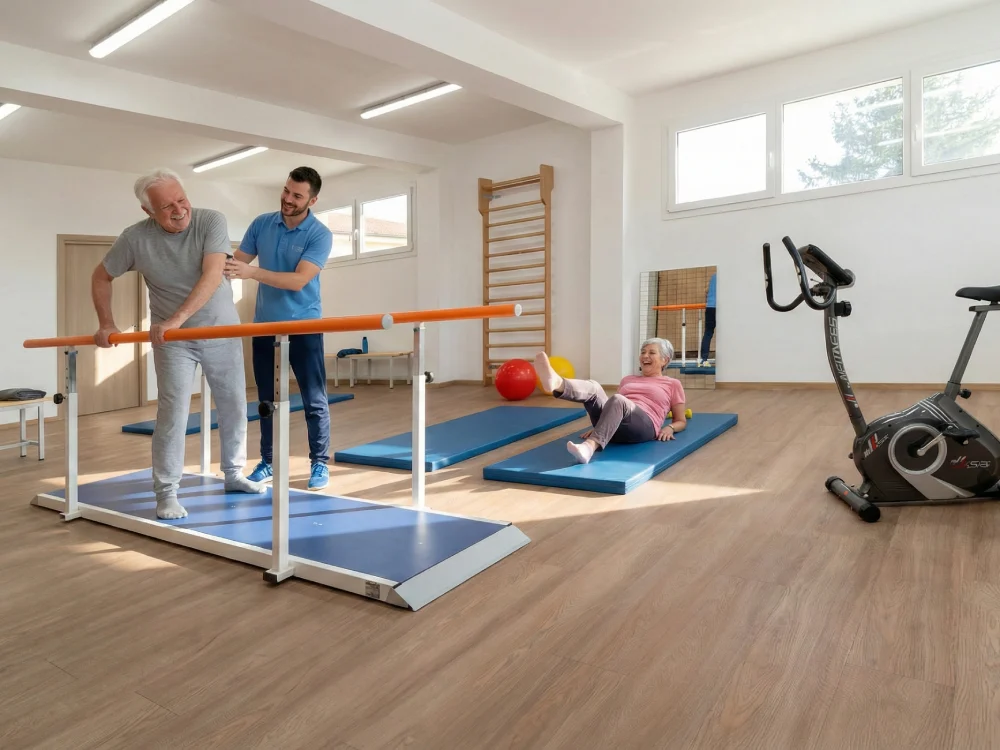 Ospiti di Villa Serena a Toro impegnati in ginnastica dolce nella palestra della struttura.